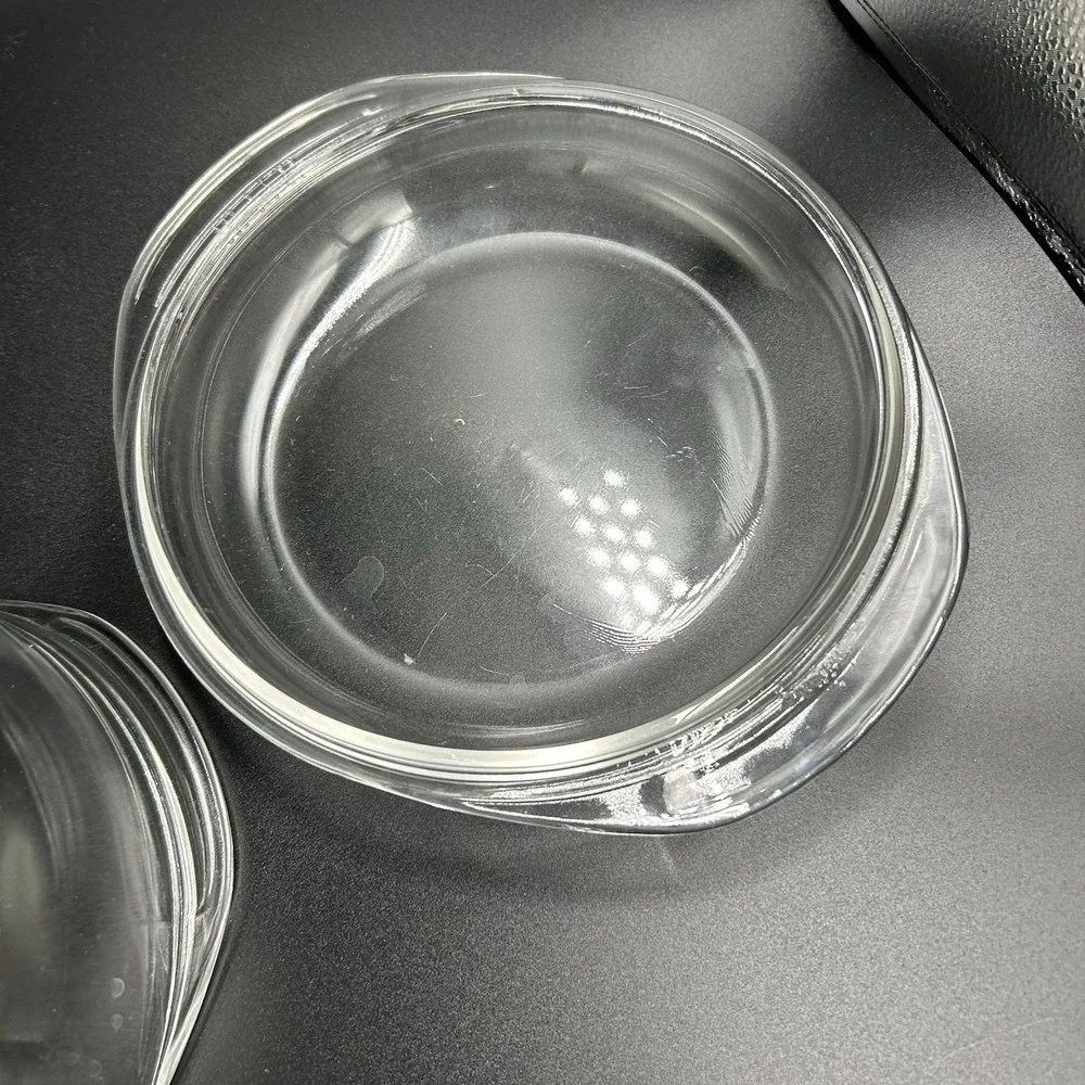 Vintage Pyrex 024 Clear Dish 2 Quart Glass Round W/Lid Basket Carrier Handles‎